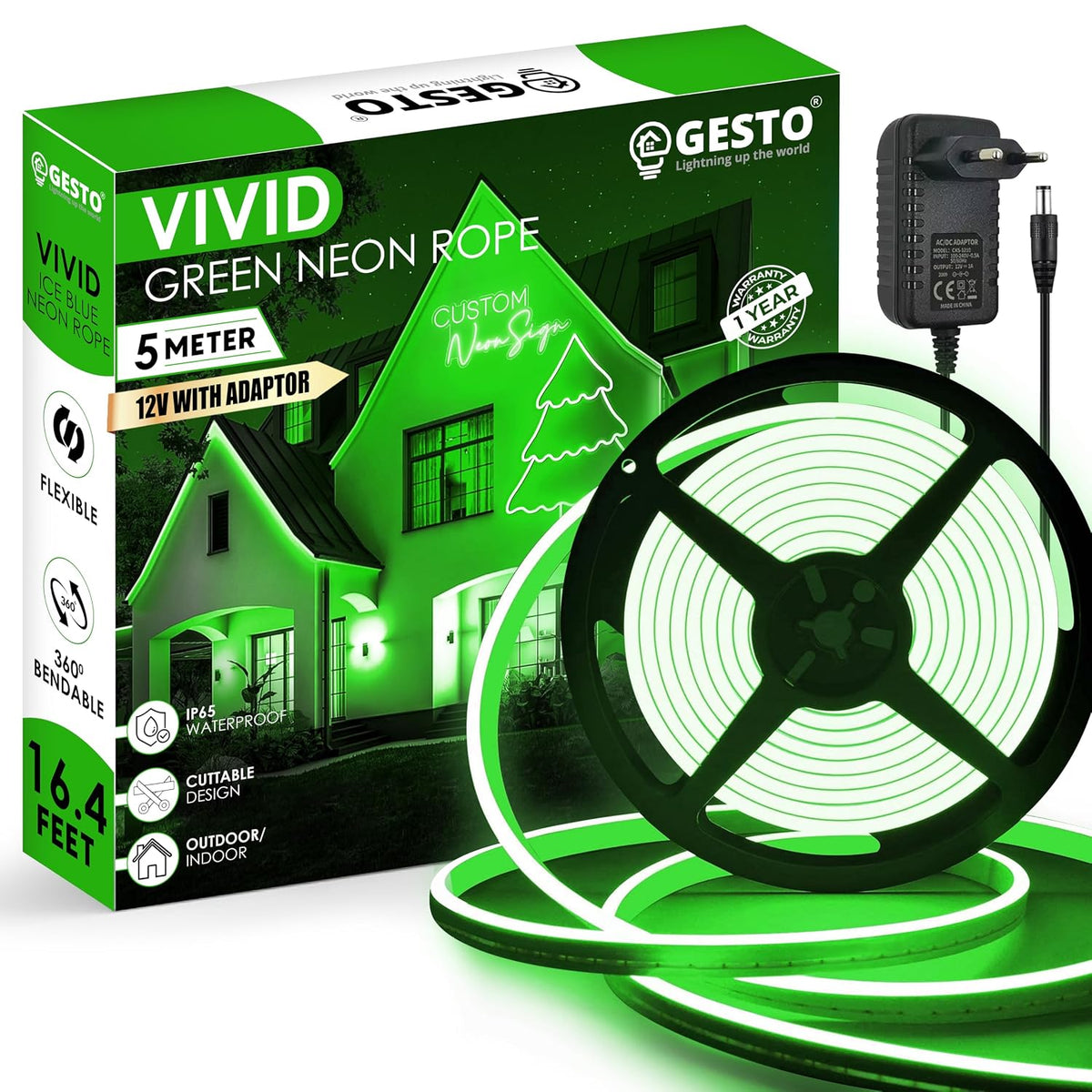 16.4 Ft Neon LED Strip Light with 12V Adapter
